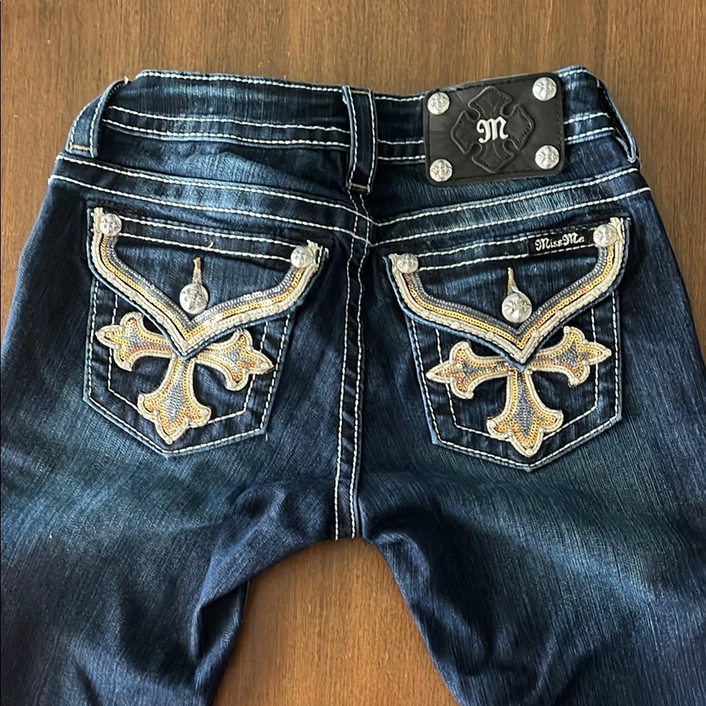 Miss Me Dark Indigo Bootcut Jeans with Gold Embroidery